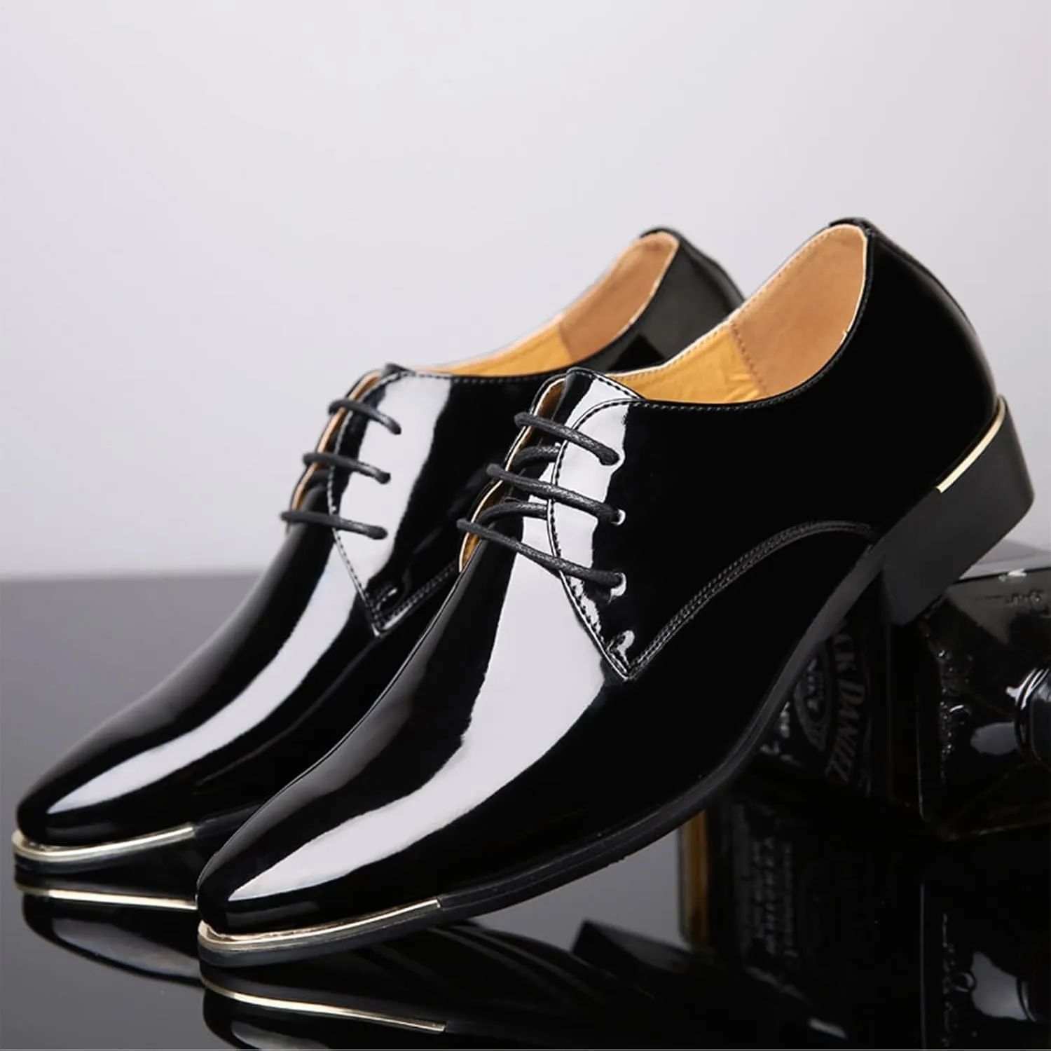 Men's Patent Leather Pointed Toe Derby Dress Shoes Classic Lace-Up Tuxedo Business Formal Oxford Shoes
