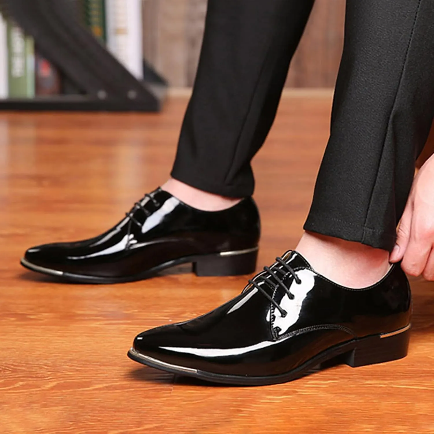 Men's Patent Leather Pointed Toe Derby Dress Shoes Classic Lace-Up Tuxedo Business Formal Oxford Shoes