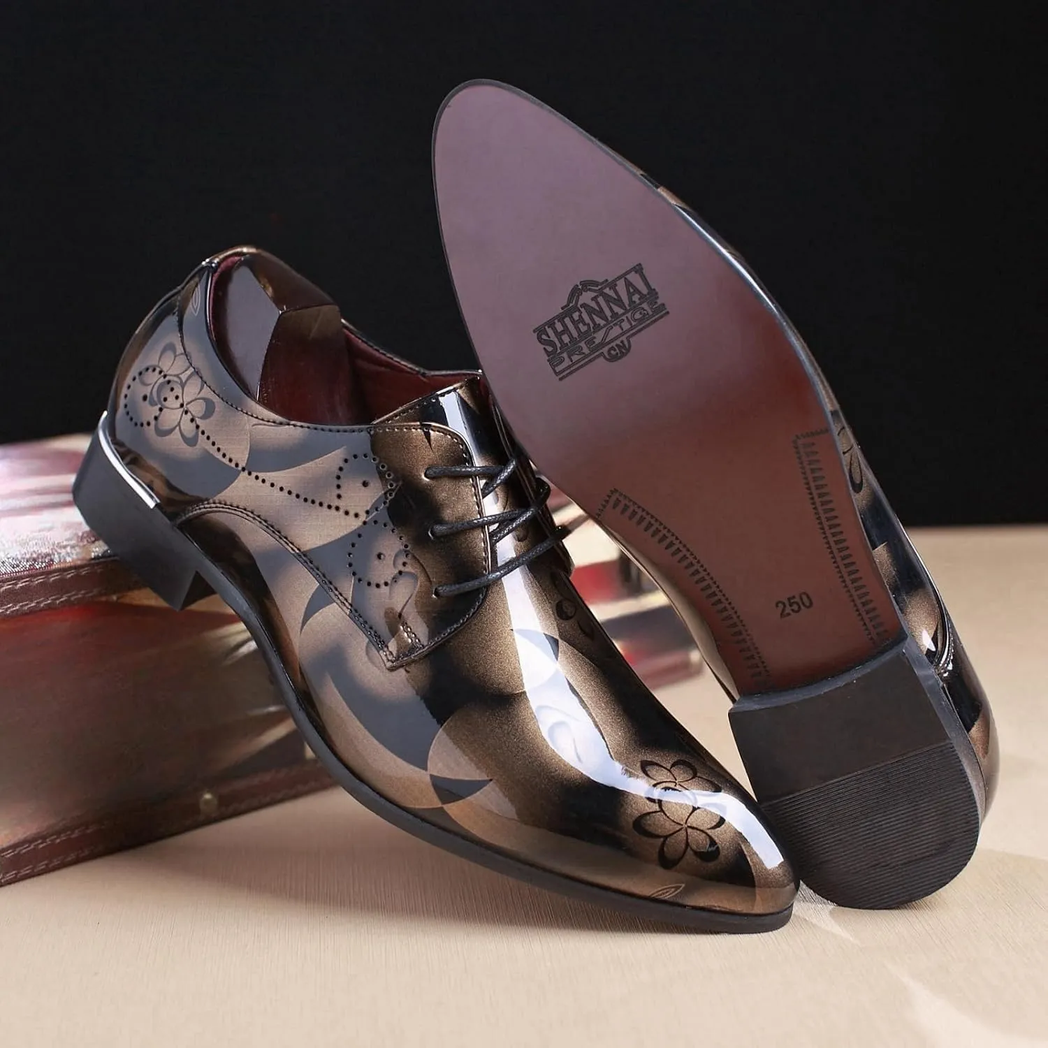 Mens Patent Leather Printing Lace Up Oxford Dress Shoes Modern Low Top Pointed Toe Tuxedo Derby Shoes for Work Office Formal Wedding