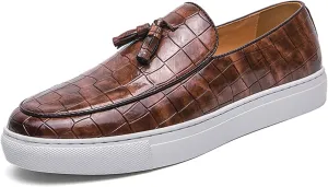 Men's Pattern Leather Platform Slip On Tassel Loafers Comfortable Round Toe Low Top Non-Slip Casual Dress Shoes Flat Penny Loafer for Dating Business Party