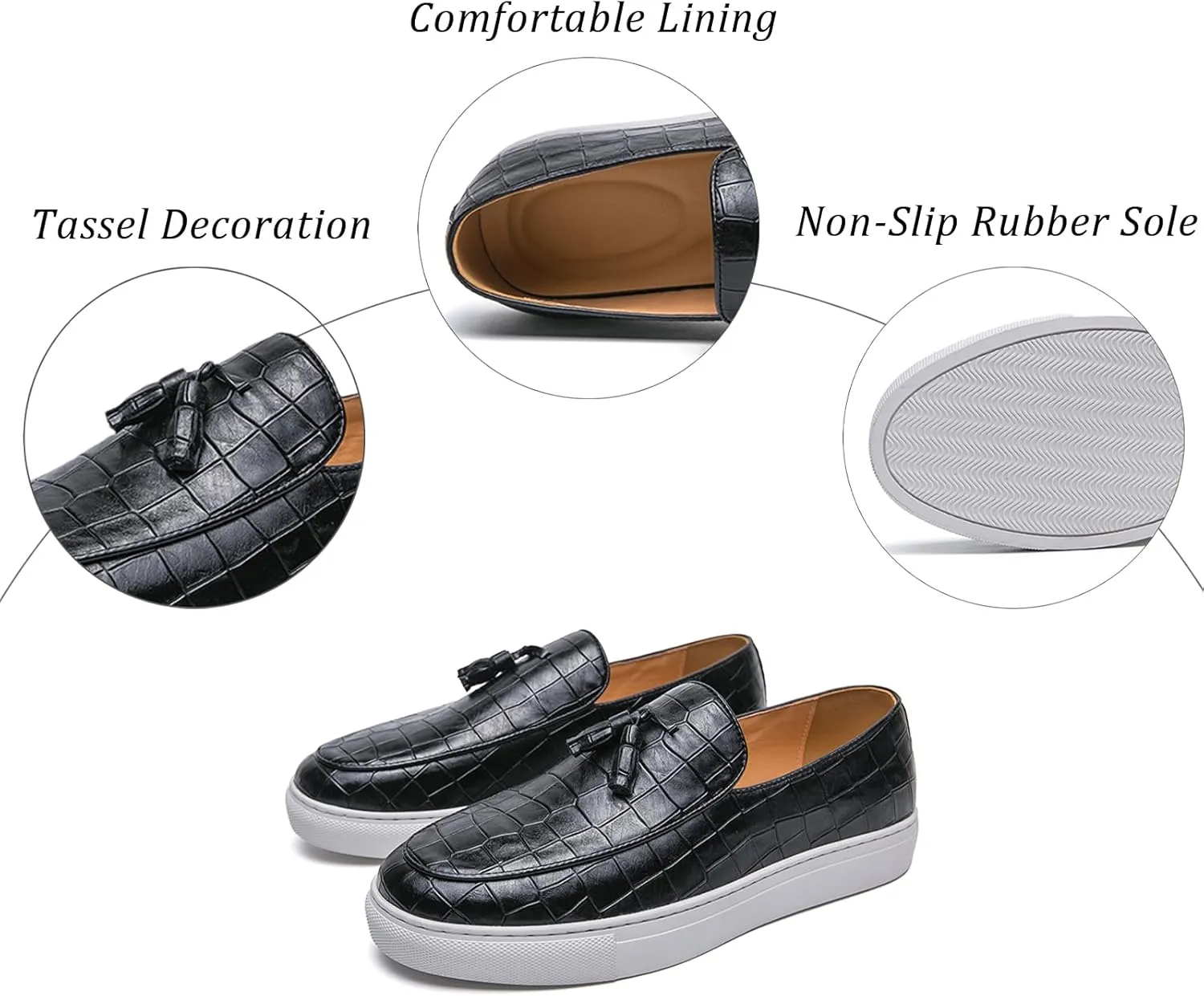 Men's Pattern Leather Platform Slip On Tassel Loafers Comfortable Round Toe Low Top Non-Slip Casual Dress Shoes Flat Penny Loafer for Dating Business Party