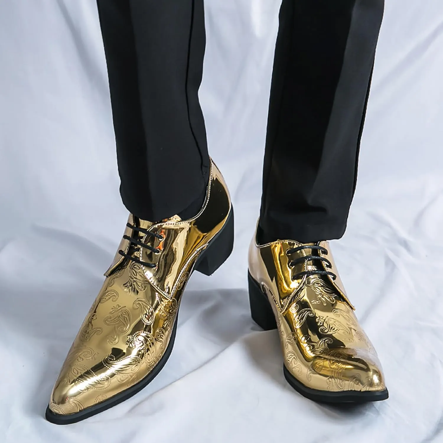Men's Printing Pointed-Toe Patent Leather Derby Oxford Shoes,Classic Lace-up Low Top Block High Heel Fashion Slip on Prom Business Wedding Dress Shoes