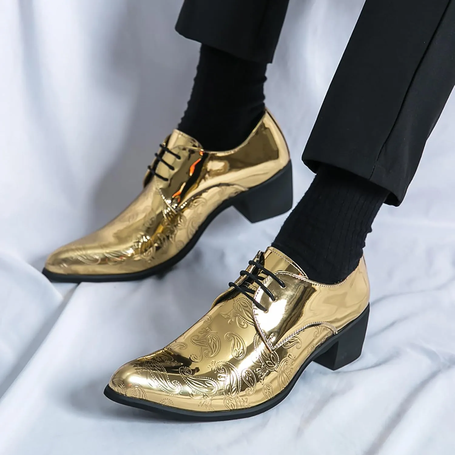 Men's Printing Pointed-Toe Patent Leather Derby Oxford Shoes,Classic Lace-up Low Top Block High Heel Fashion Slip on Prom Business Wedding Dress Shoes