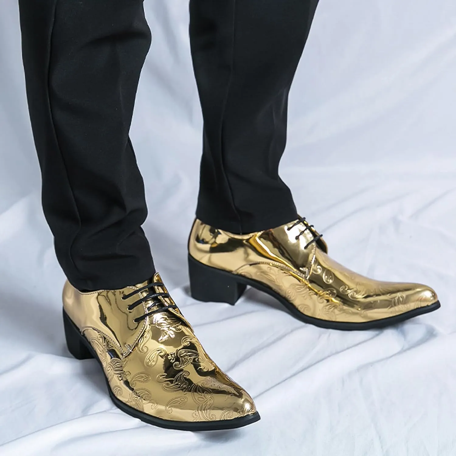 Men's Printing Pointed-Toe Patent Leather Derby Oxford Shoes,Classic Lace-up Low Top Block High Heel Fashion Slip on Prom Business Wedding Dress Shoes