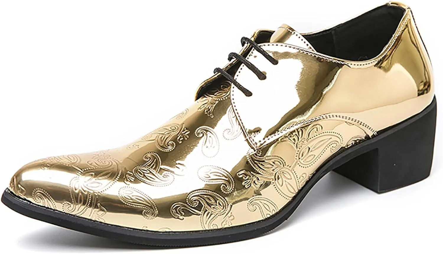 Men's Printing Pointed-Toe Patent Leather Derby Oxford Shoes,Classic Lace-up Low Top Block High Heel Fashion Slip on Prom Business Wedding Dress Shoes