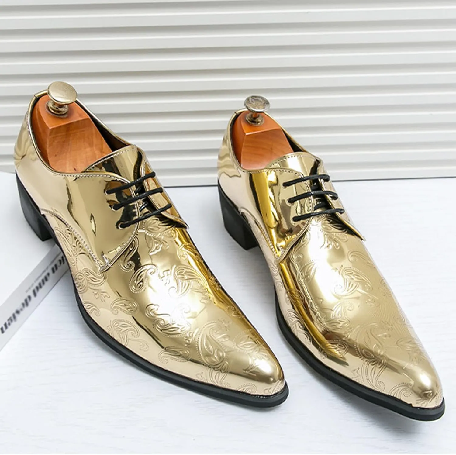 Men's Printing Pointed-Toe Patent Leather Derby Oxford Shoes,Classic Lace-up Low Top Block High Heel Fashion Slip on Prom Business Wedding Dress Shoes