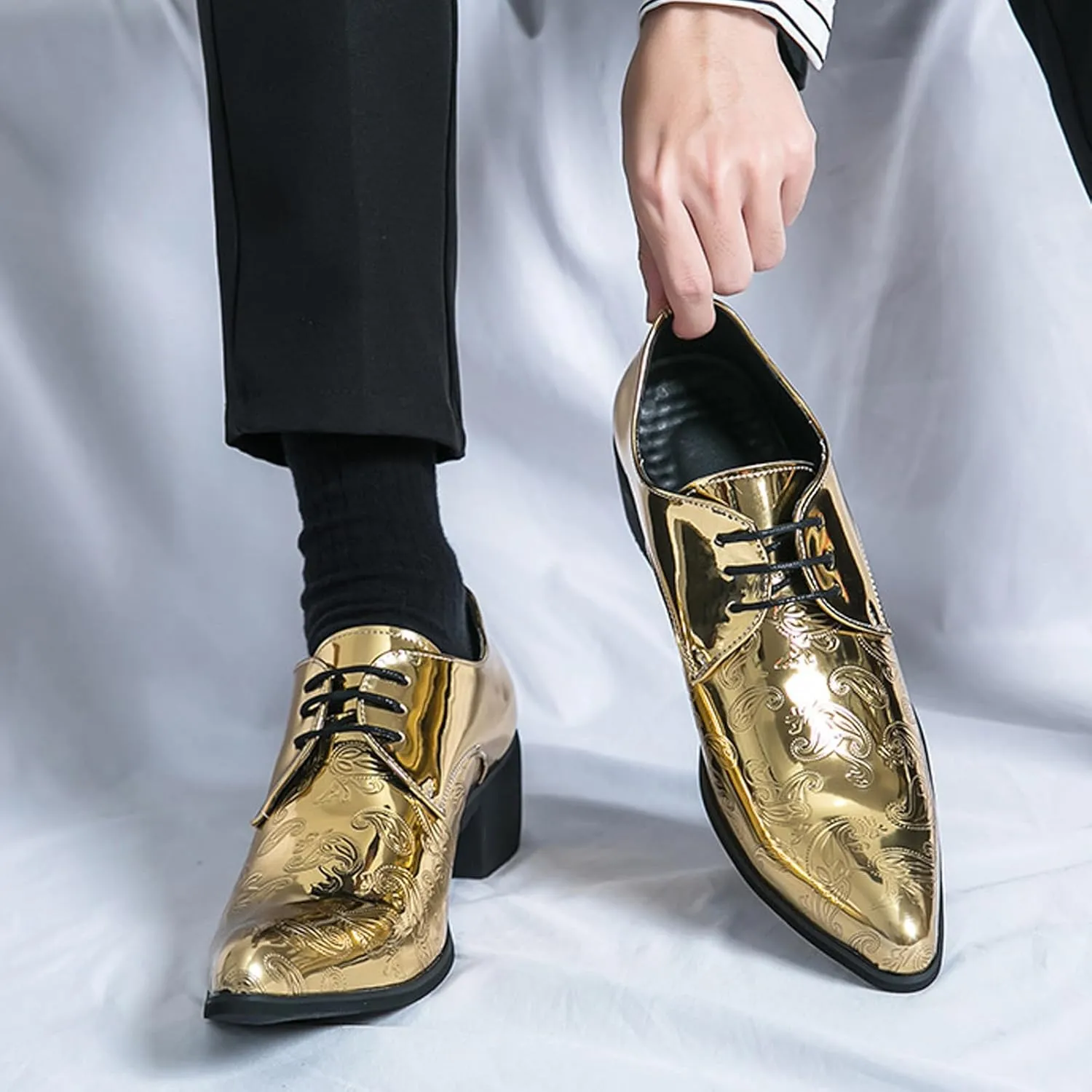 Men's Printing Pointed-Toe Patent Leather Derby Oxford Shoes,Classic Lace-up Low Top Block High Heel Fashion Slip on Prom Business Wedding Dress Shoes