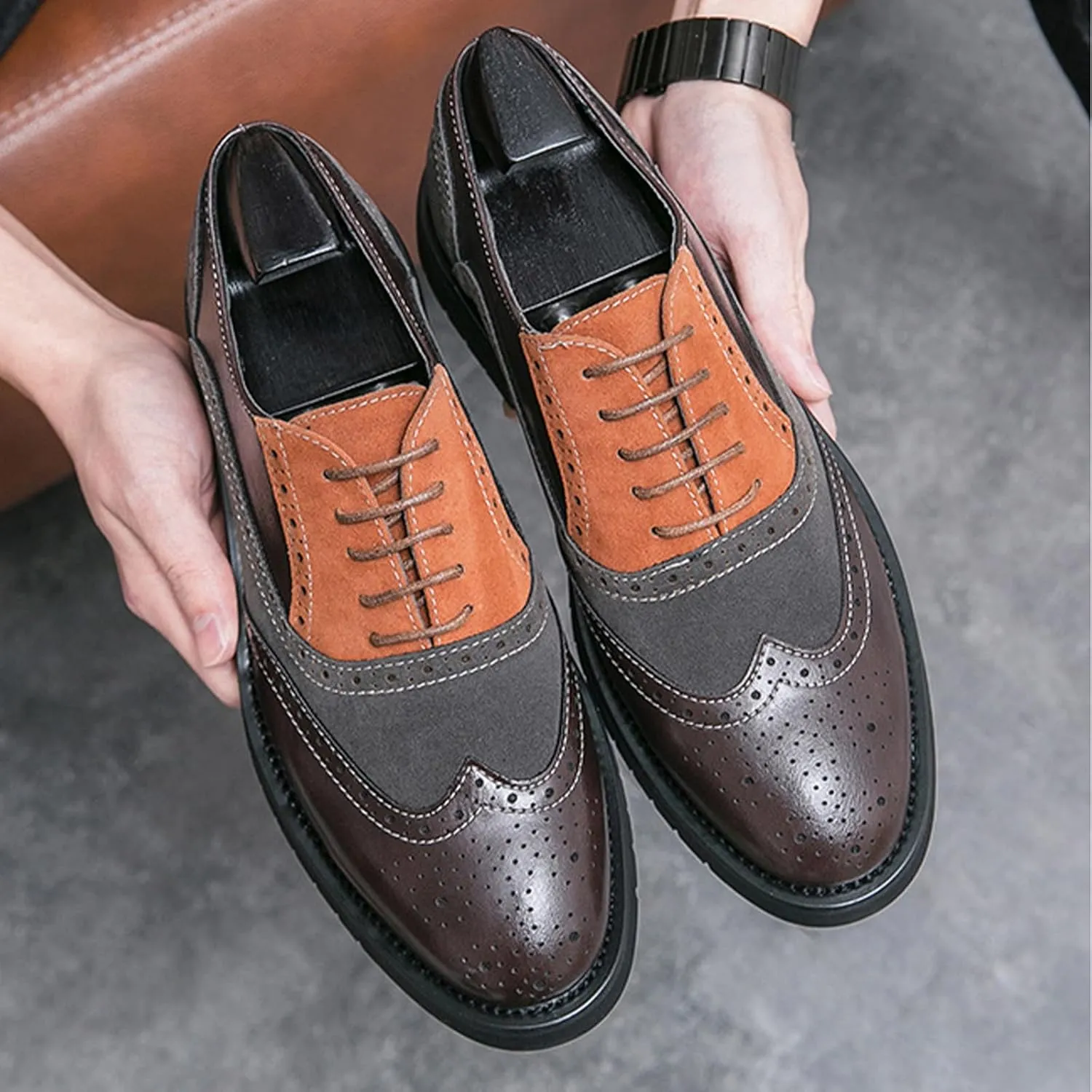 Mens Retro Brogue Multicolor Leather Dress Oxfords Shoes Casual Low Top Non-Slip Pointed Toe Derby Shoes for Formal Business Wedding