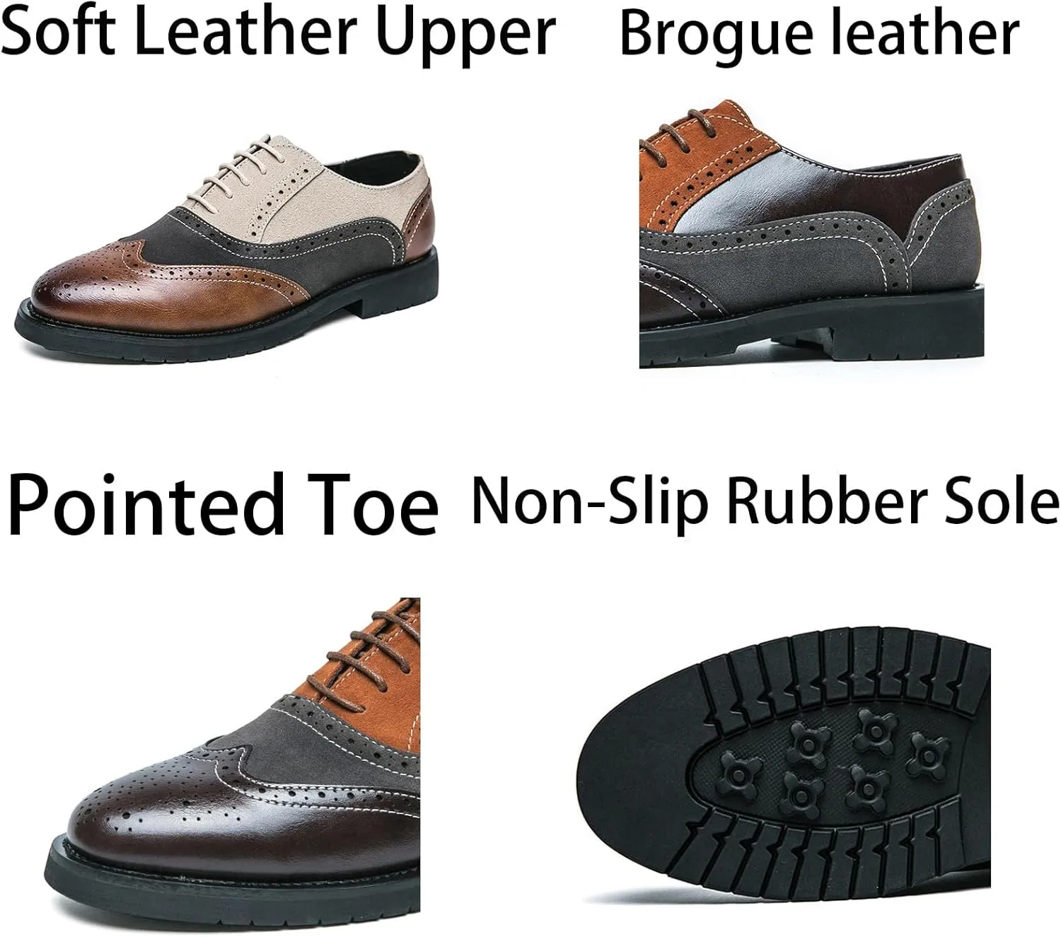 Mens Retro Brogue Multicolor Leather Dress Oxfords Shoes Casual Low Top Non-Slip Pointed Toe Derby Shoes for Formal Business Wedding