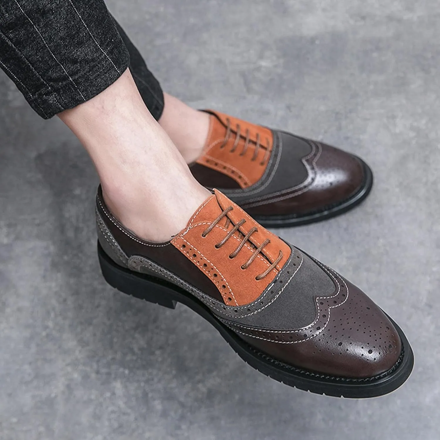Mens Retro Brogue Multicolor Leather Dress Oxfords Shoes Casual Low Top Non-Slip Pointed Toe Derby Shoes for Formal Business Wedding