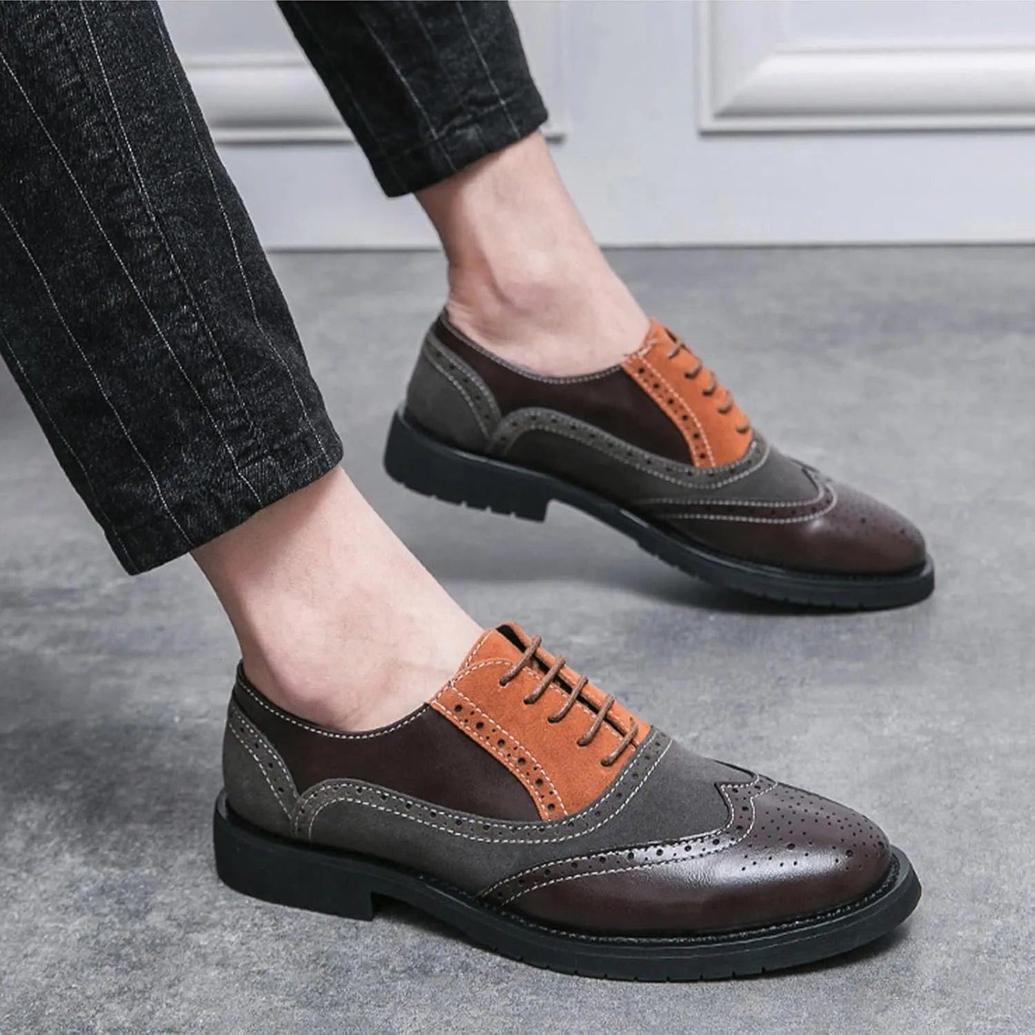 Mens Retro Brogue Multicolor Leather Dress Oxfords Shoes Casual Low Top Non-Slip Pointed Toe Derby Shoes for Formal Business Wedding