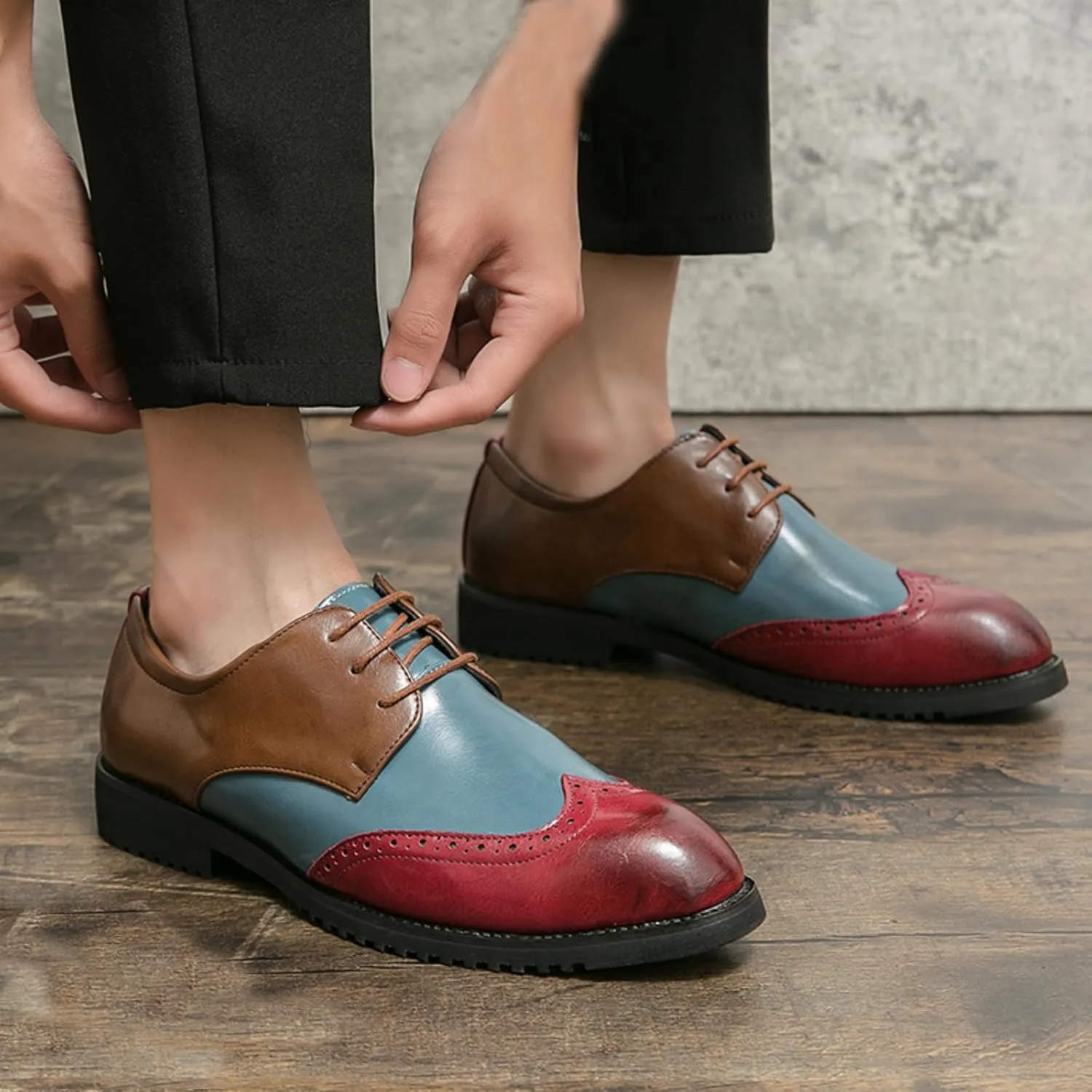 Mens Retro Brogue Multicolor Leather Dress Oxfords Shoes Low Top Non-Slip Pointed Toe Casual Wingtip Derby Shoes for Formal Business Wedding