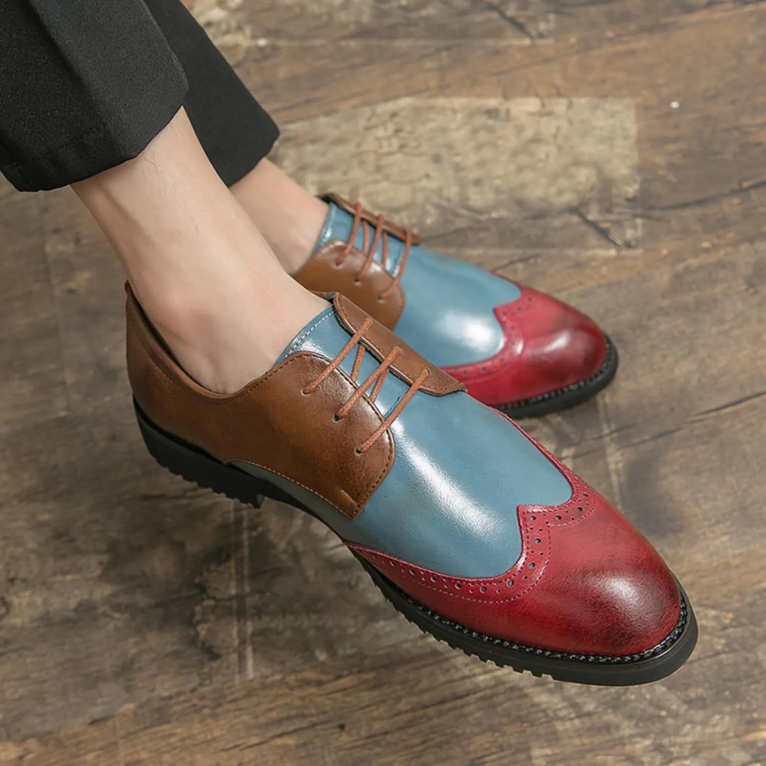 Mens Retro Brogue Multicolor Leather Dress Oxfords Shoes Low Top Non-Slip Pointed Toe Casual Wingtip Derby Shoes for Formal Business Wedding