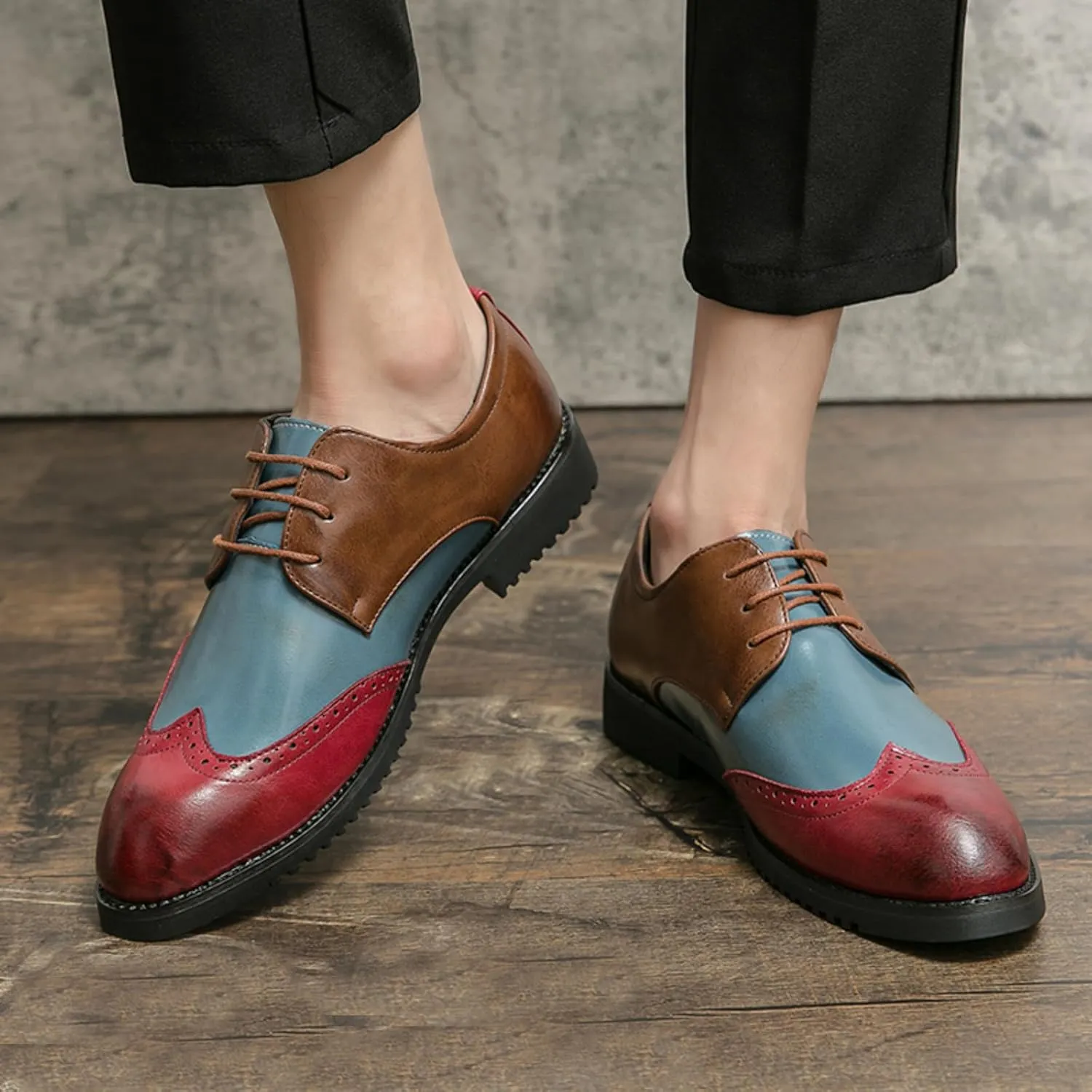 Mens Retro Brogue Multicolor Leather Dress Oxfords Shoes Low Top Non-Slip Pointed Toe Casual Wingtip Derby Shoes for Formal Business Wedding