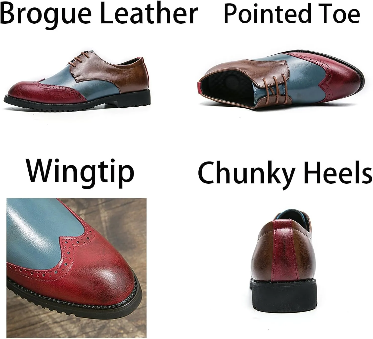 Mens Retro Brogue Multicolor Leather Dress Oxfords Shoes Low Top Non-Slip Pointed Toe Casual Wingtip Derby Shoes for Formal Business Wedding