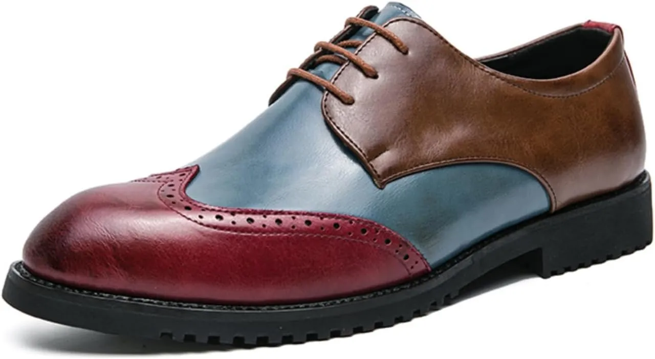 Mens Retro Brogue Multicolor Leather Dress Oxfords Shoes Low Top Non-Slip Pointed Toe Casual Wingtip Derby Shoes for Formal Business Wedding