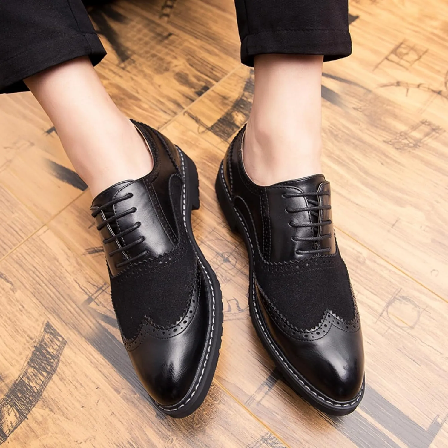 Mens Retro Brogue Multicolor Leather Dress Oxfords Shoes Low Top Non-Slip Round Toe Wingtip Casual Derby Shoes for Formal Business Wedding