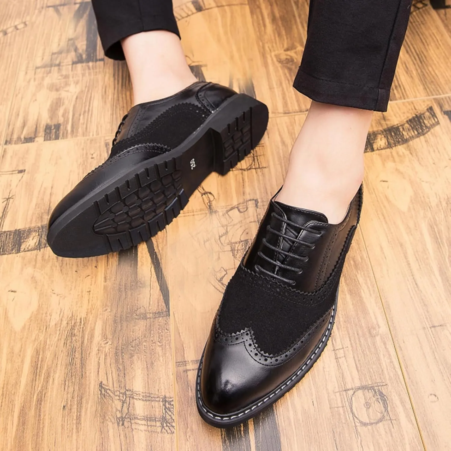 Mens Retro Brogue Multicolor Leather Dress Oxfords Shoes Low Top Non-Slip Round Toe Wingtip Casual Derby Shoes for Formal Business Wedding