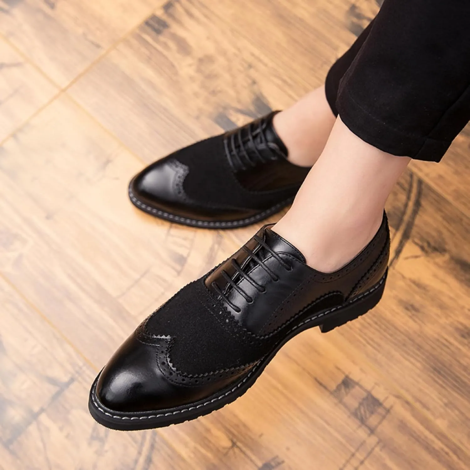 Mens Retro Brogue Multicolor Leather Dress Oxfords Shoes Low Top Non-Slip Round Toe Wingtip Casual Derby Shoes for Formal Business Wedding