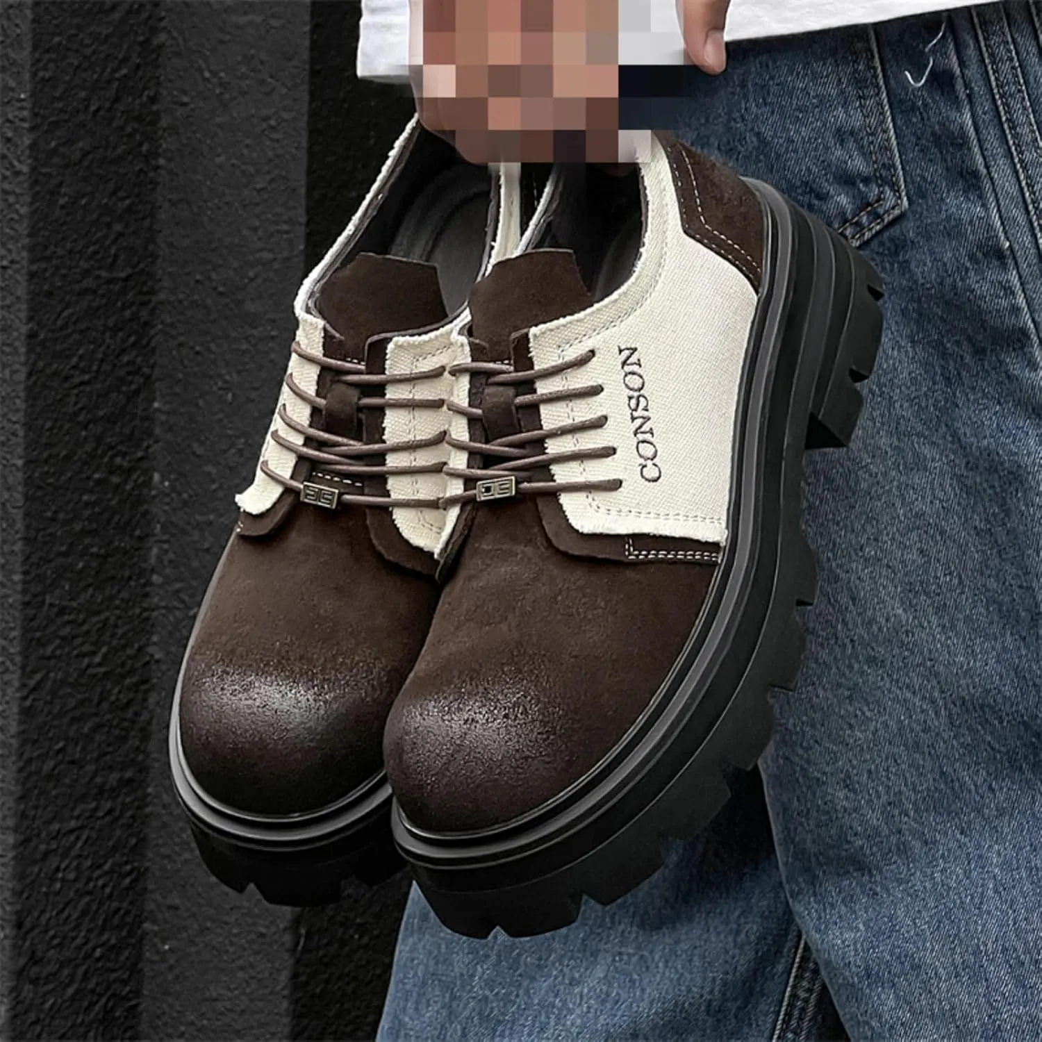 Men's Retro Cowhide Derby Shoes. Featuring a Two - Tone Chunky Sole for Height Increase, Ideal for Daily Commuting, Street Walking, and Casual Gatherings.