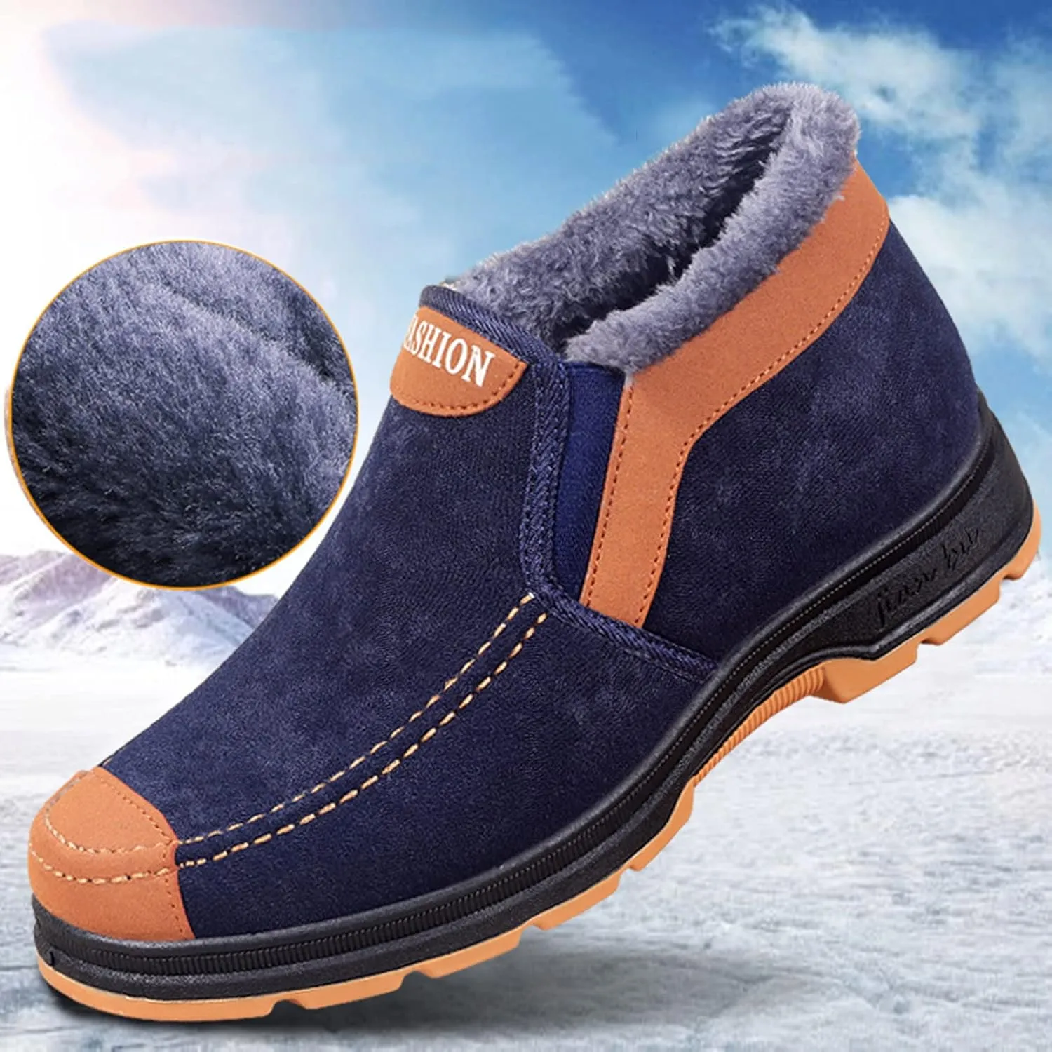 Men's Suede Ankle Boots Classic Slip On Furry Boots Fleece Lined Warm Winter Non Slip Cold Proof Lined Shoes Men