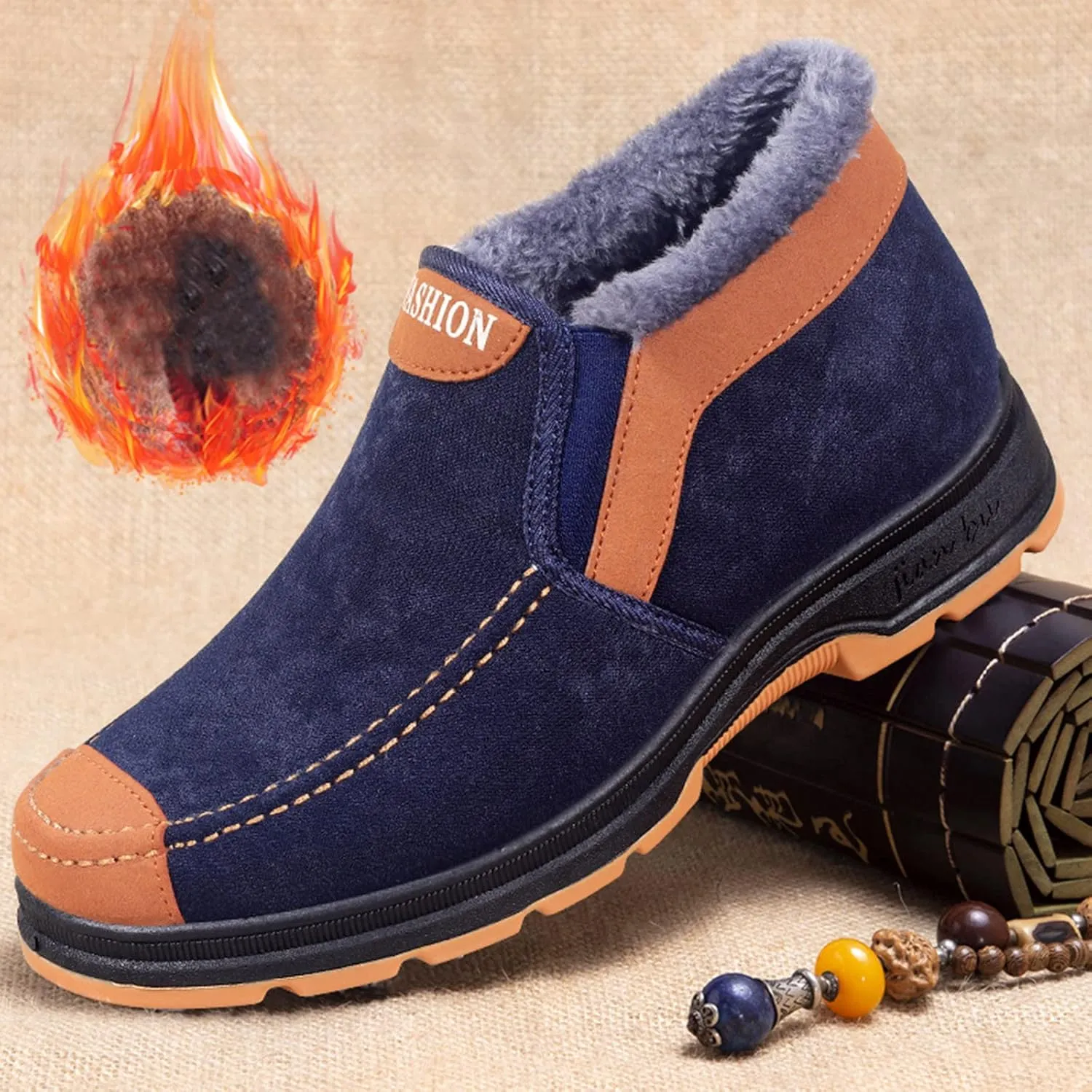 Men's Suede Ankle Boots Classic Slip On Furry Boots Fleece Lined Warm Winter Non Slip Cold Proof Lined Shoes Men