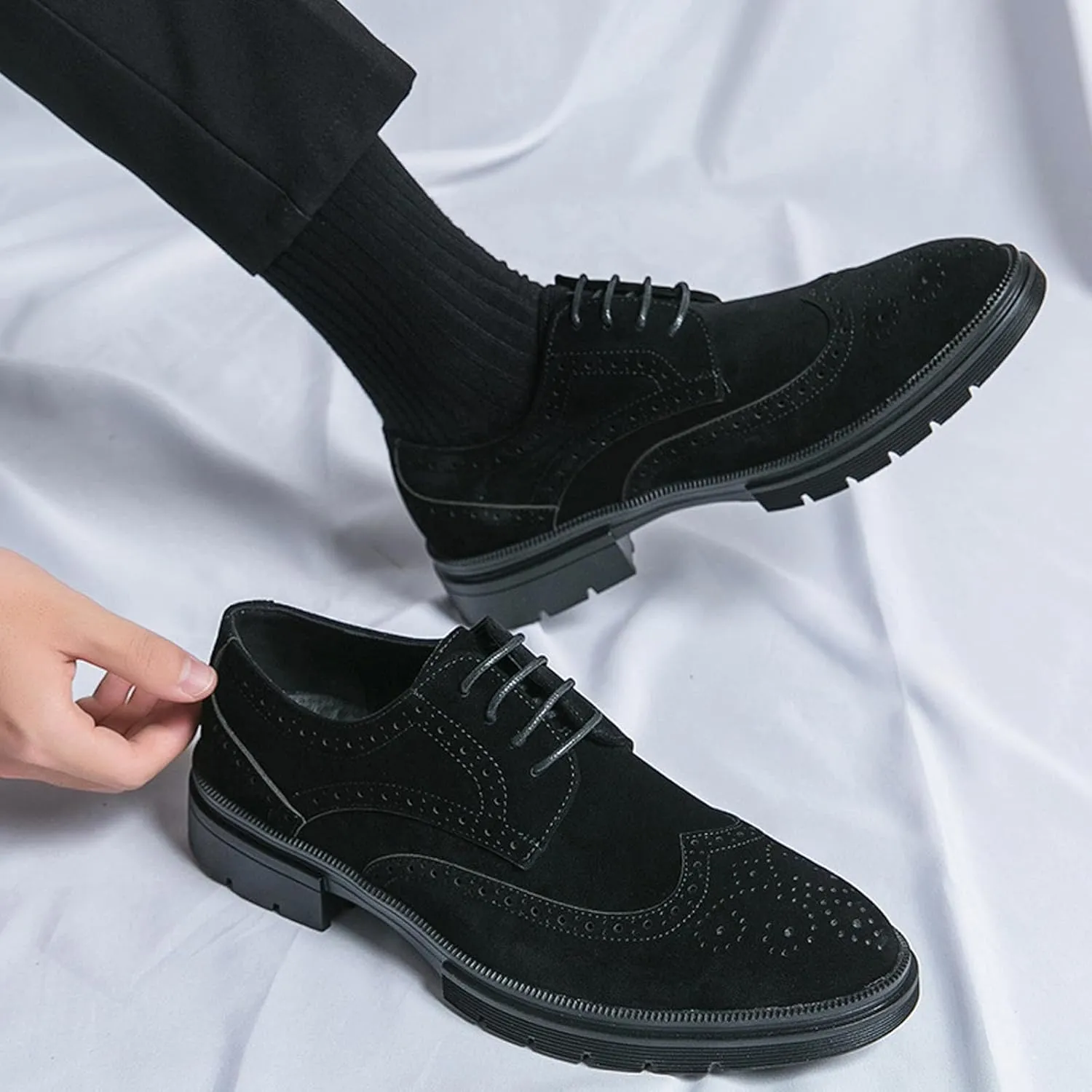 Men's Suede Wingtip Brogue Oxford Shoes,Comfortable Lace-Up Work Office Business Formal Dress Shoes