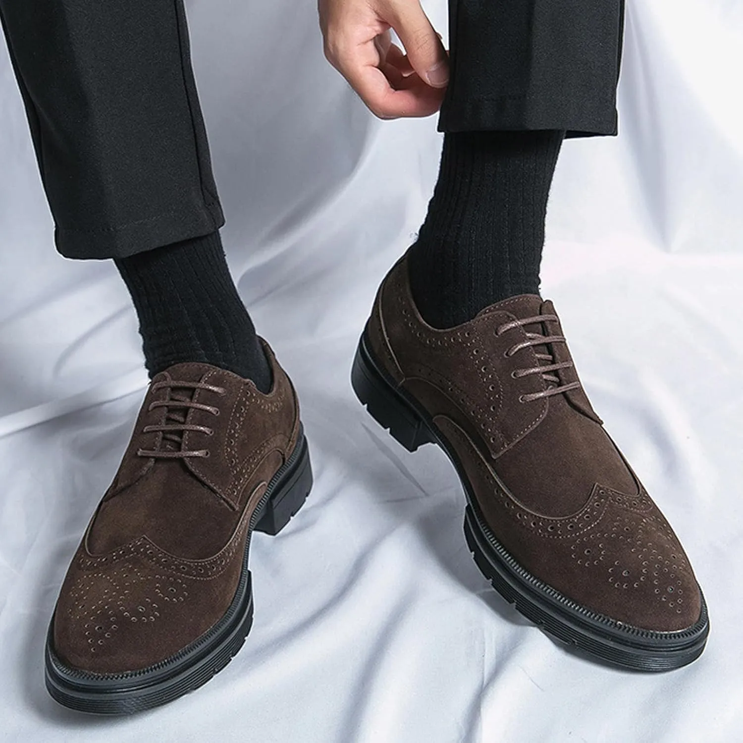 Men's Suede Wingtip Brogue Oxford Shoes,Comfortable Lace-Up Work Office Business Formal Dress Shoes