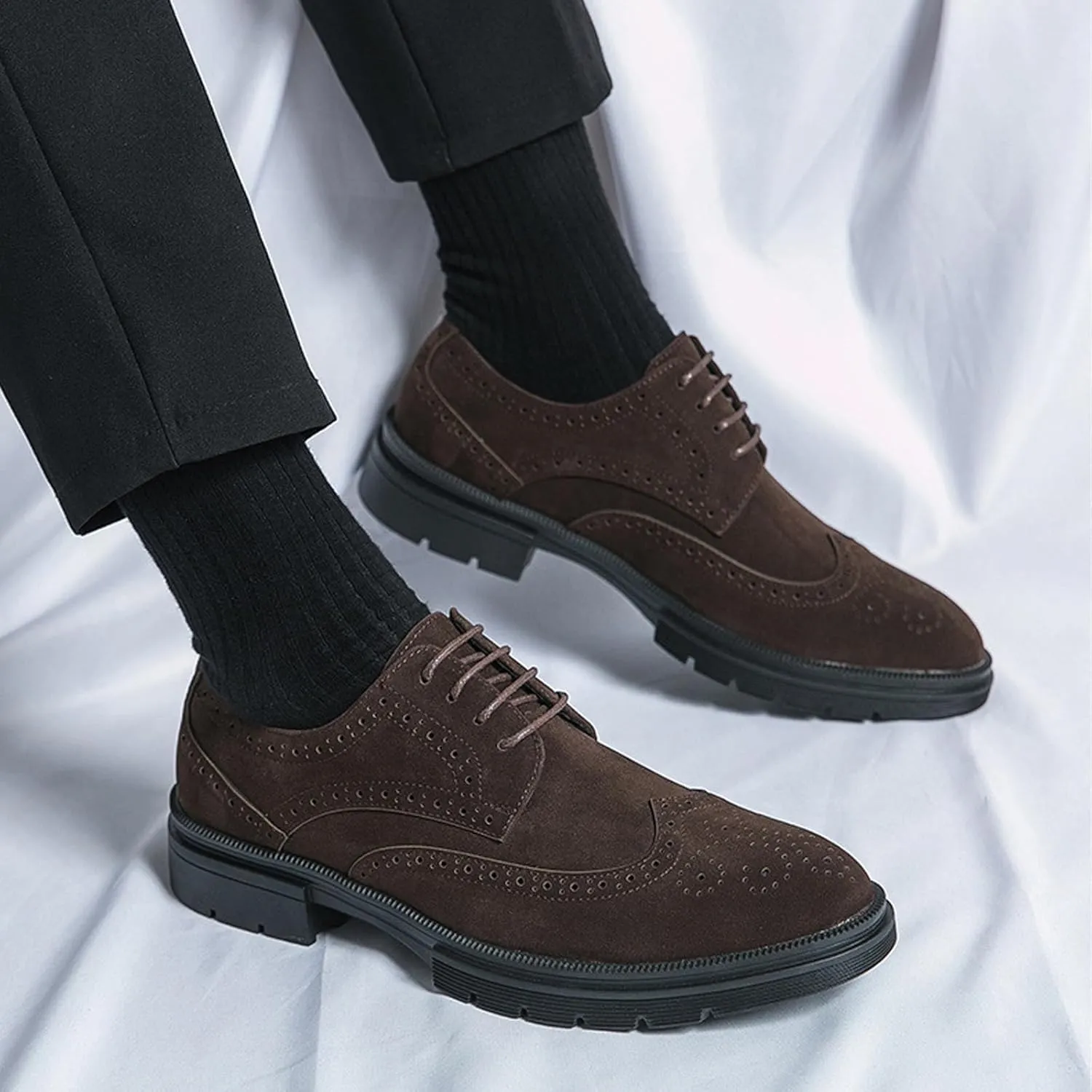 Men's Suede Wingtip Brogue Oxford Shoes,Comfortable Lace-Up Work Office Business Formal Dress Shoes