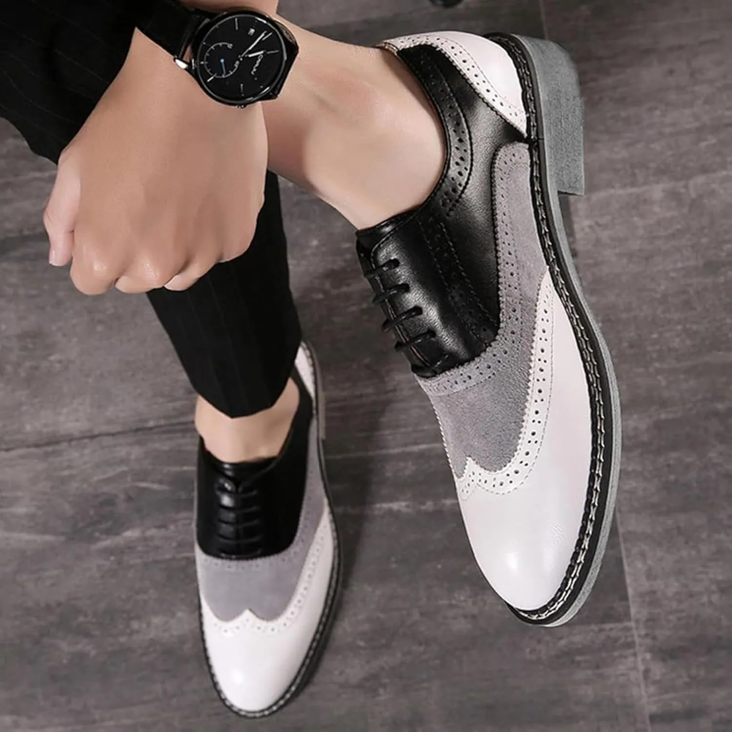 Men's Two-Tone Brogue Oxfords, Stylish Classic Round Toe, Lace-up Low-top Leather Dress Shoes, Hand-Stitched Business Formal Derby Shoes Oxfords Shoes for Men