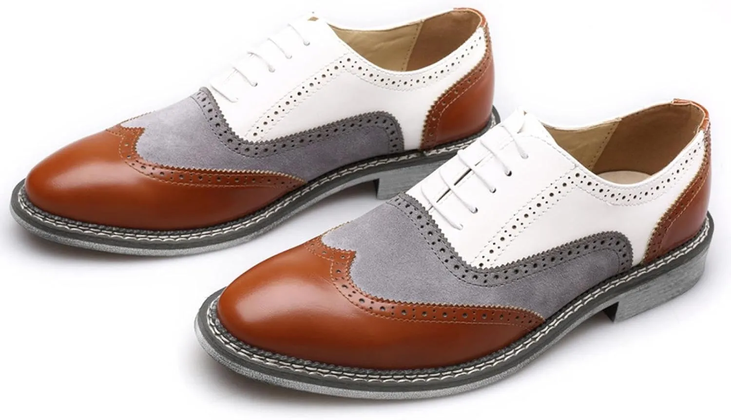 Men's Two-Tone Brogue Oxfords, Stylish Classic Round Toe, Lace-up Low-top Leather Dress Shoes, Hand-Stitched Business Formal Derby Shoes Oxfords Shoes for Men