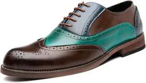 Mens Two Tone Leather Lace Up Brogue Oxford Shoes Classic Wingtip Loafers Low Top Flat Party Formal Business Derby Dress Shoes