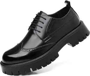 Men's Vintage Wingtip Platform Oxfords - Leather Chunky Heel Lug Sole Derby Shoes with Lace Up - Work Office Dress Shoes