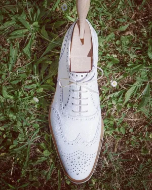 Men's White Wing Tip Brogue Lace-Up Leather Dress Shoe