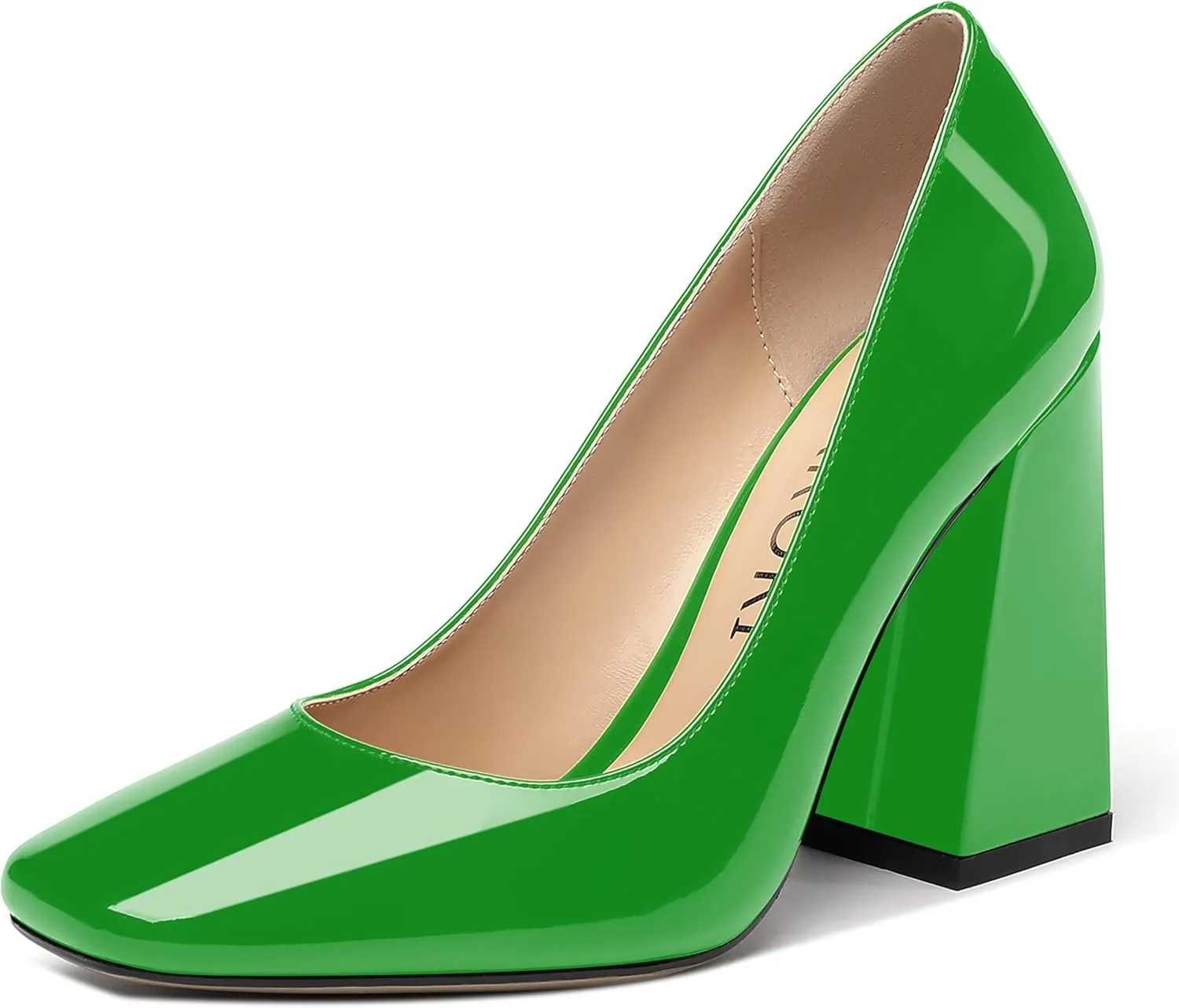 MERRORI Women's Patent Block Square Toe Solid Slip On Chunky High Heel Pumps Shoes 4 Inch