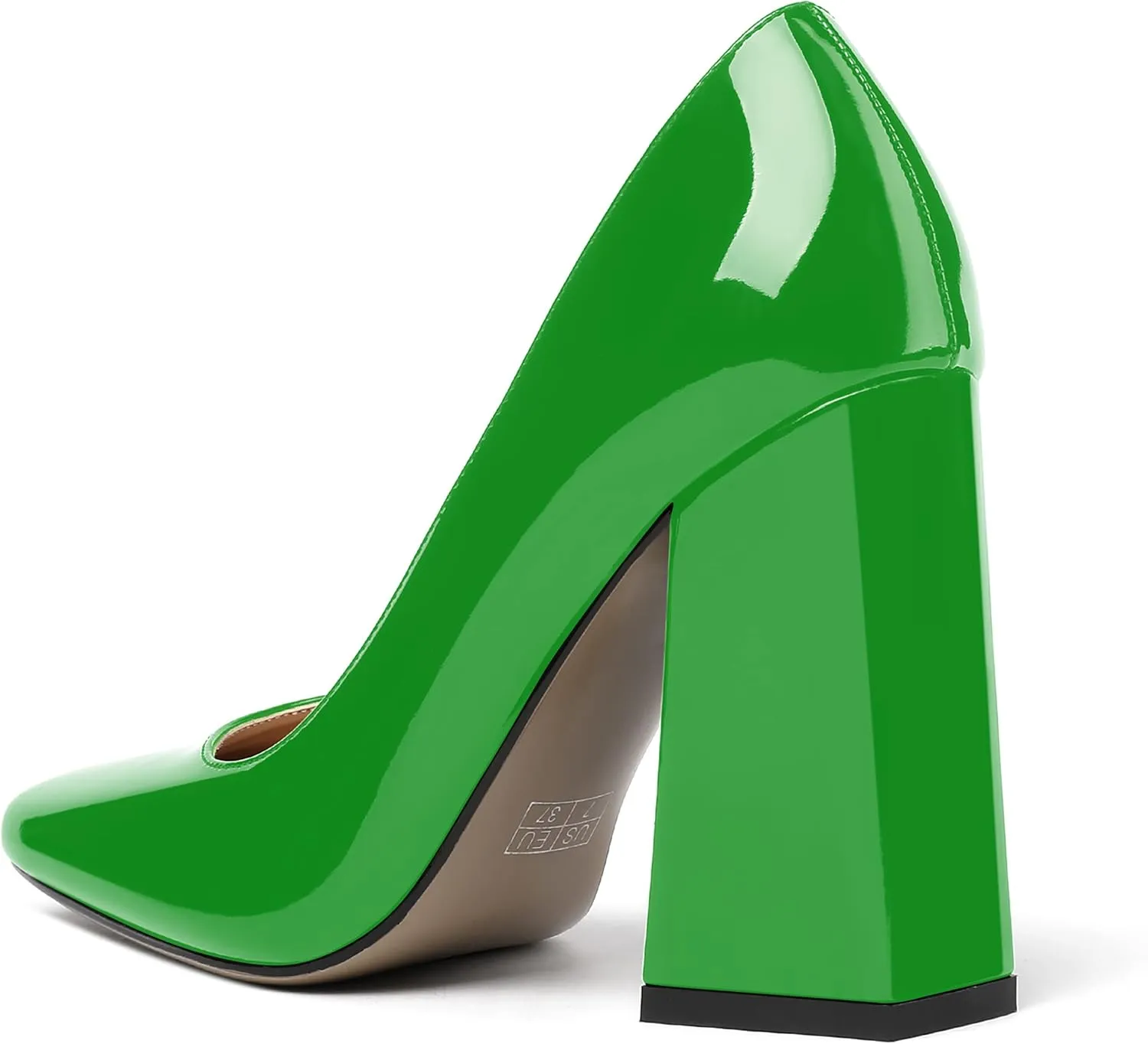 MERRORI Women's Patent Block Square Toe Solid Slip On Chunky High Heel Pumps Shoes 4 Inch