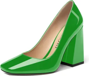 MERRORI Women's Patent Block Square Toe Solid Slip On Chunky High Heel Pumps Shoes 4 Inch