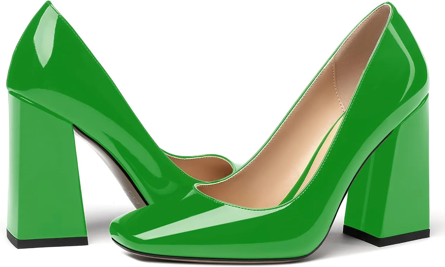 MERRORI Women's Patent Block Square Toe Solid Slip On Chunky High Heel Pumps Shoes 4 Inch