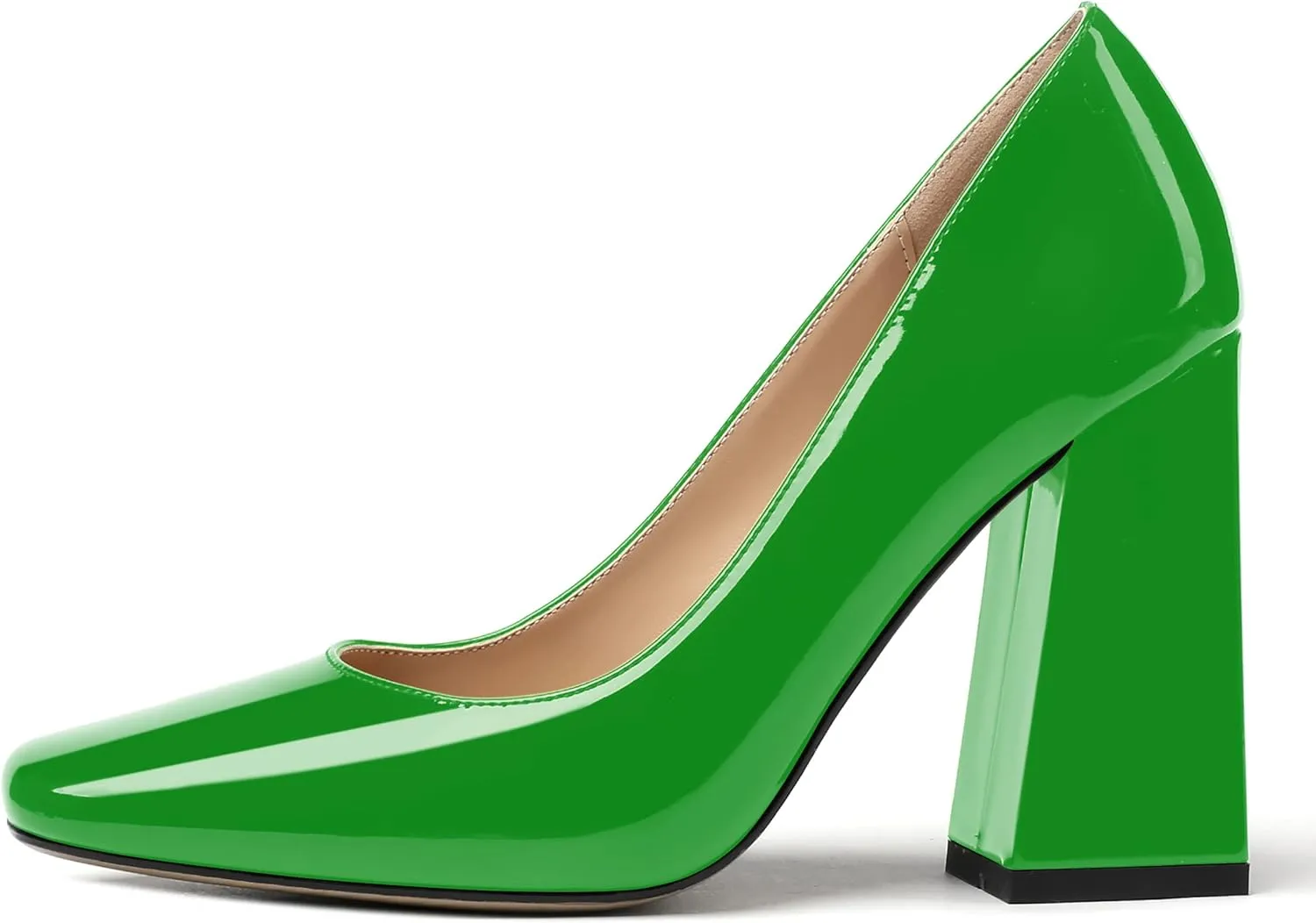 MERRORI Women's Patent Block Square Toe Solid Slip On Chunky High Heel Pumps Shoes 4 Inch