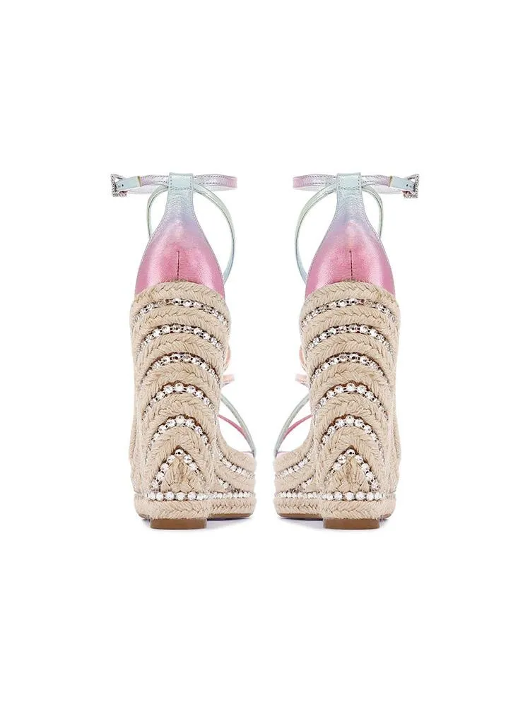 Metallic Gradient Multi Bands Open-toe Rhinestone Espadrille Wedge Sandals With Buckle Ankle Wrap
