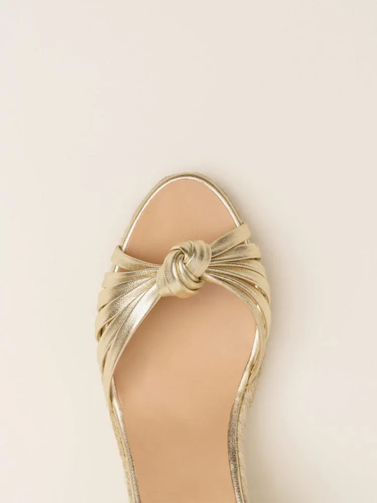 Metallic Knot Strappy Buckle Ankle Strap Round Wedge Espadrilles Sandals