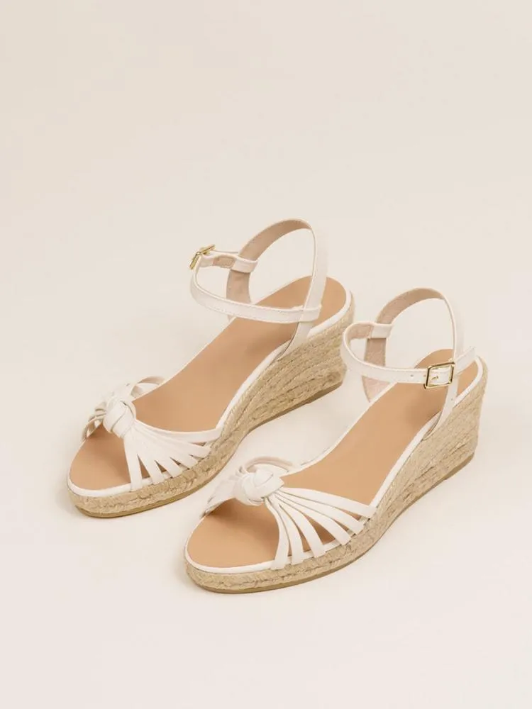 Metallic Knot Strappy Buckle Ankle Strap Round Wedge Espadrilles Sandals