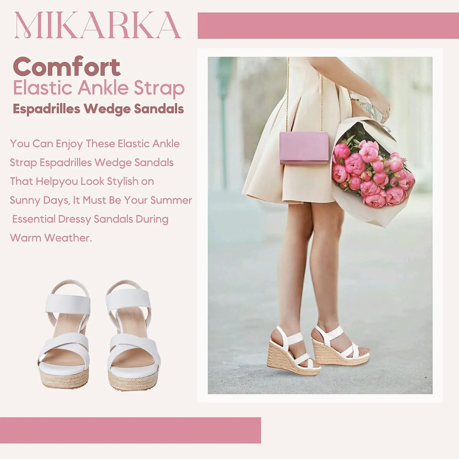 mikarka Women's Open Toe Espadrilles Wedge Sandal Slip On Elastic Ankle Strap Platform Sandals Dressy Comfortable Wedges Shoe