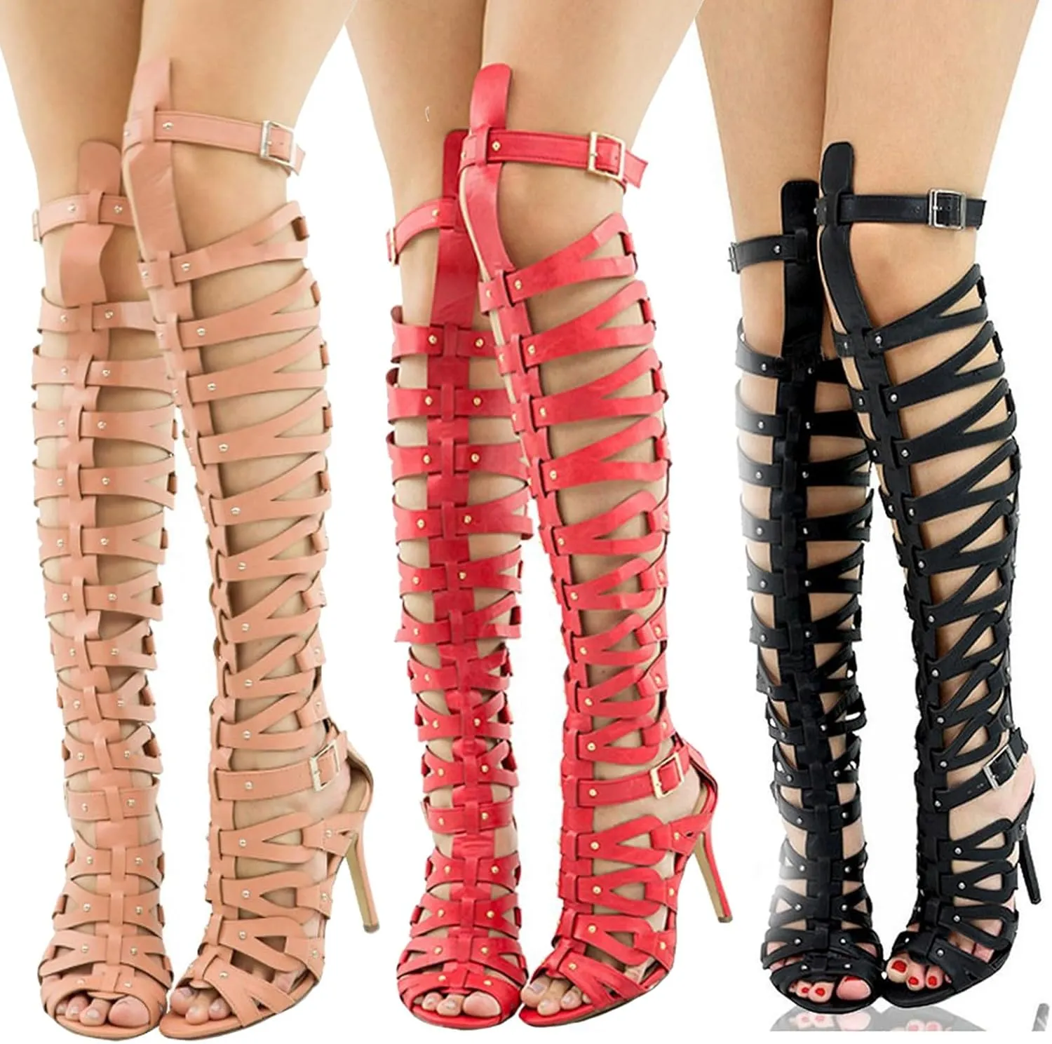 Minishion Gladiator Sandals for Women Tall Heels Stiletto Knee High Summer Boots Shoes