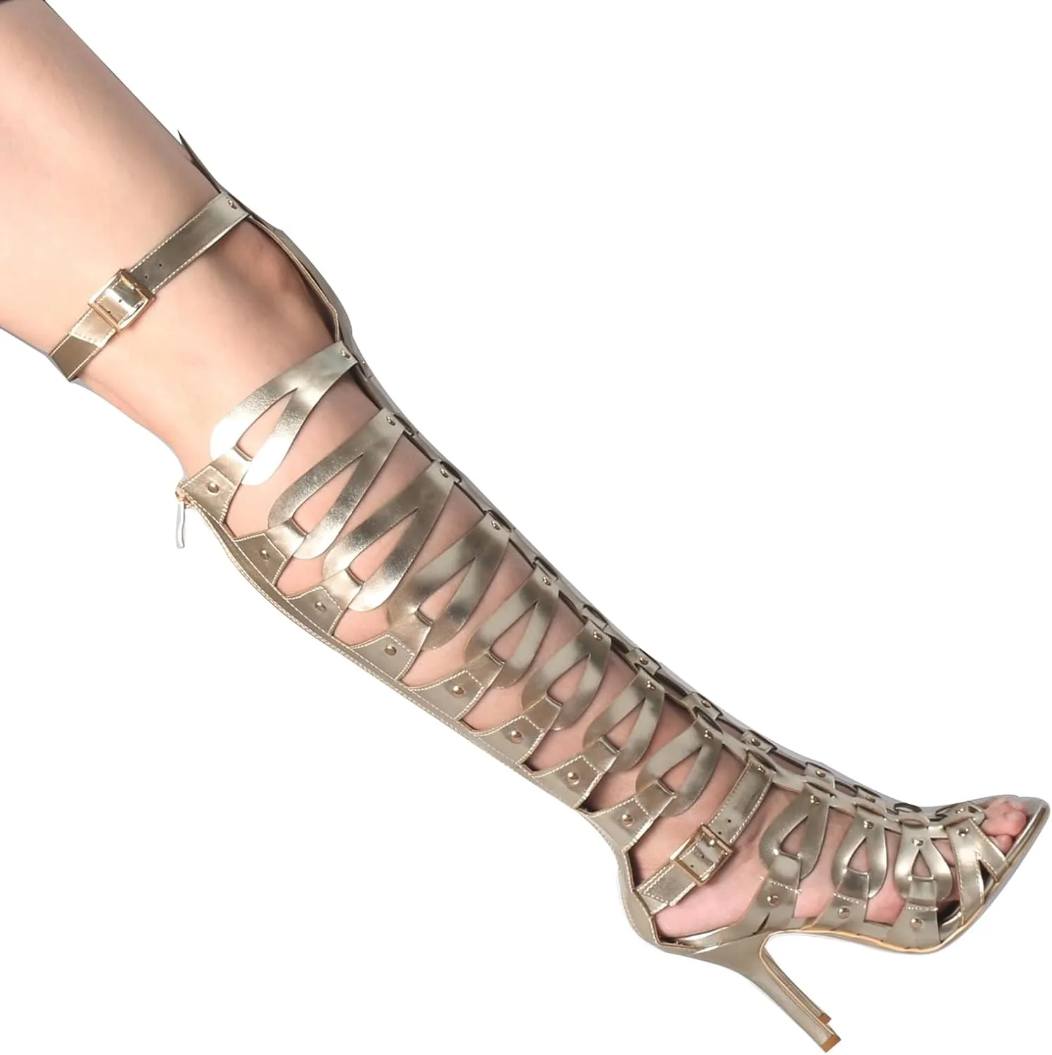 Minishion Gladiator Sandals for Women Tall Heels Stiletto Knee High Summer Boots Shoes