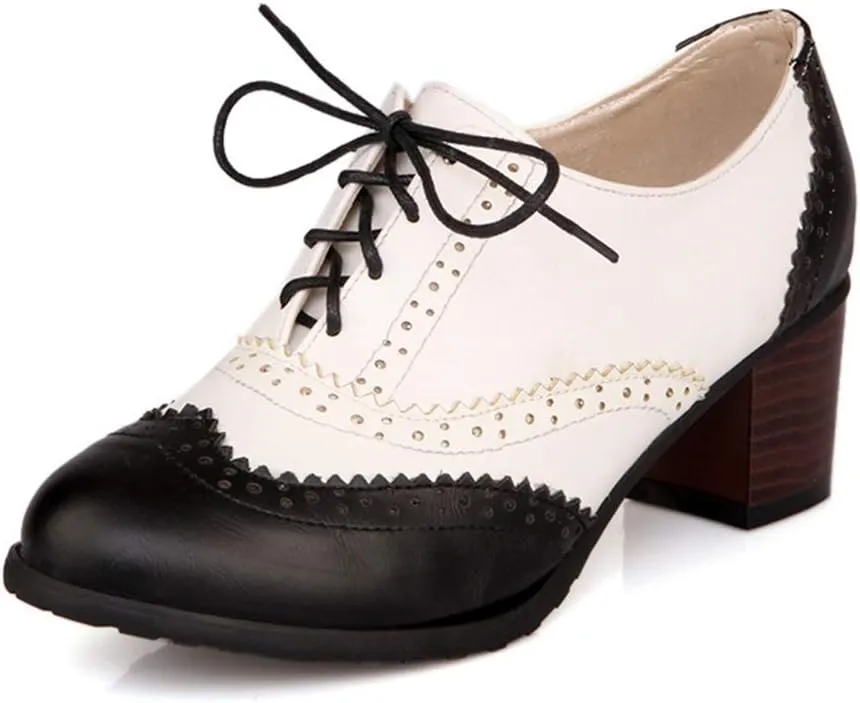 MIOKE Women's Block Mid Heel Wingtip Oxfords Pumps Two Tone Perforated Lace Up Vintage Brogues Dress Shoes