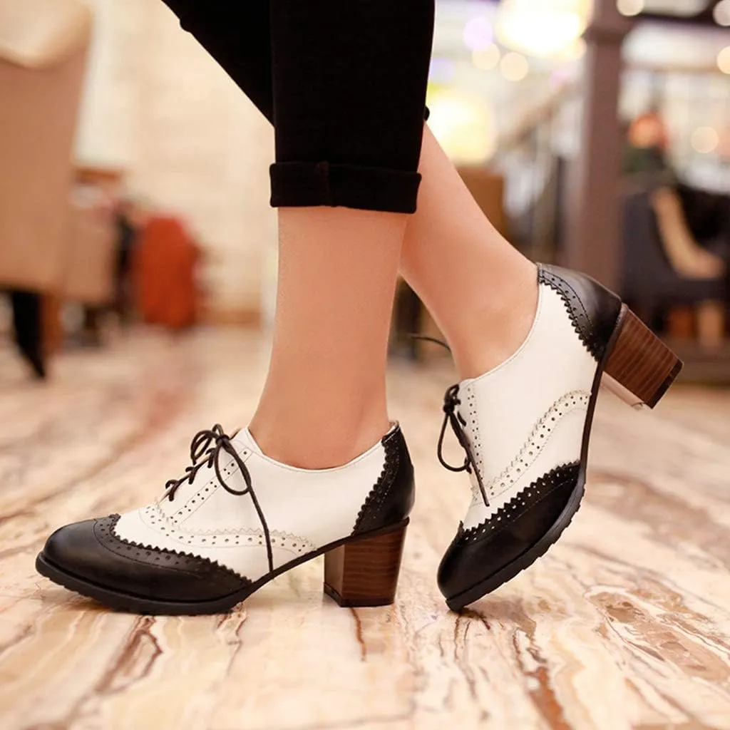 MIOKE Women's Block Mid Heel Wingtip Oxfords Pumps Two Tone Perforated Lace Up Vintage Brogues Dress Shoes