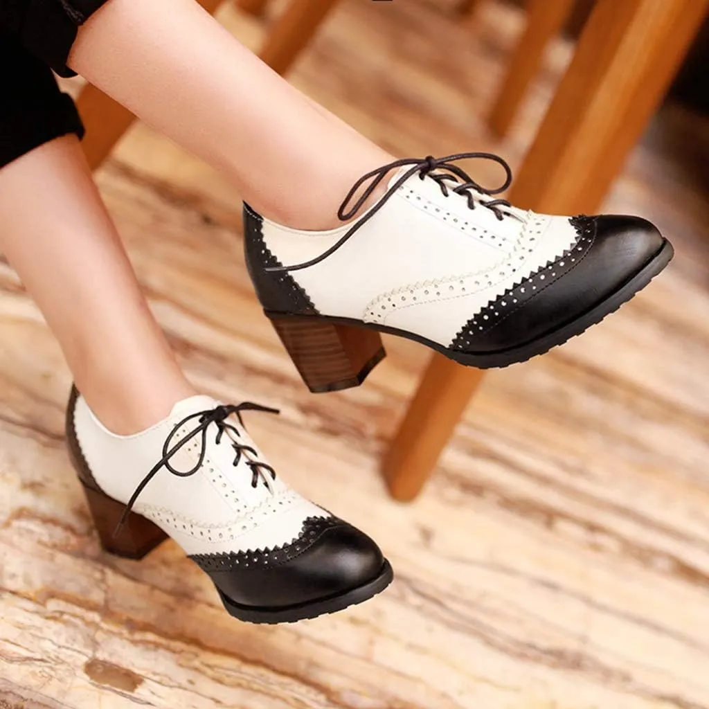 MIOKE Women's Block Mid Heel Wingtip Oxfords Pumps Two Tone Perforated Lace Up Vintage Brogues Dress Shoes