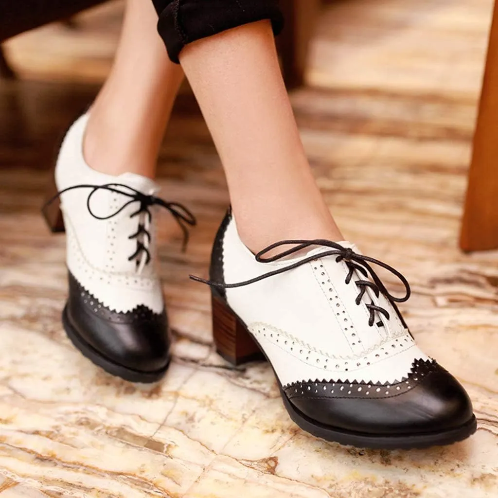 MIOKE Women's Block Mid Heel Wingtip Oxfords Pumps Two Tone Perforated Lace Up Vintage Brogues Dress Shoes