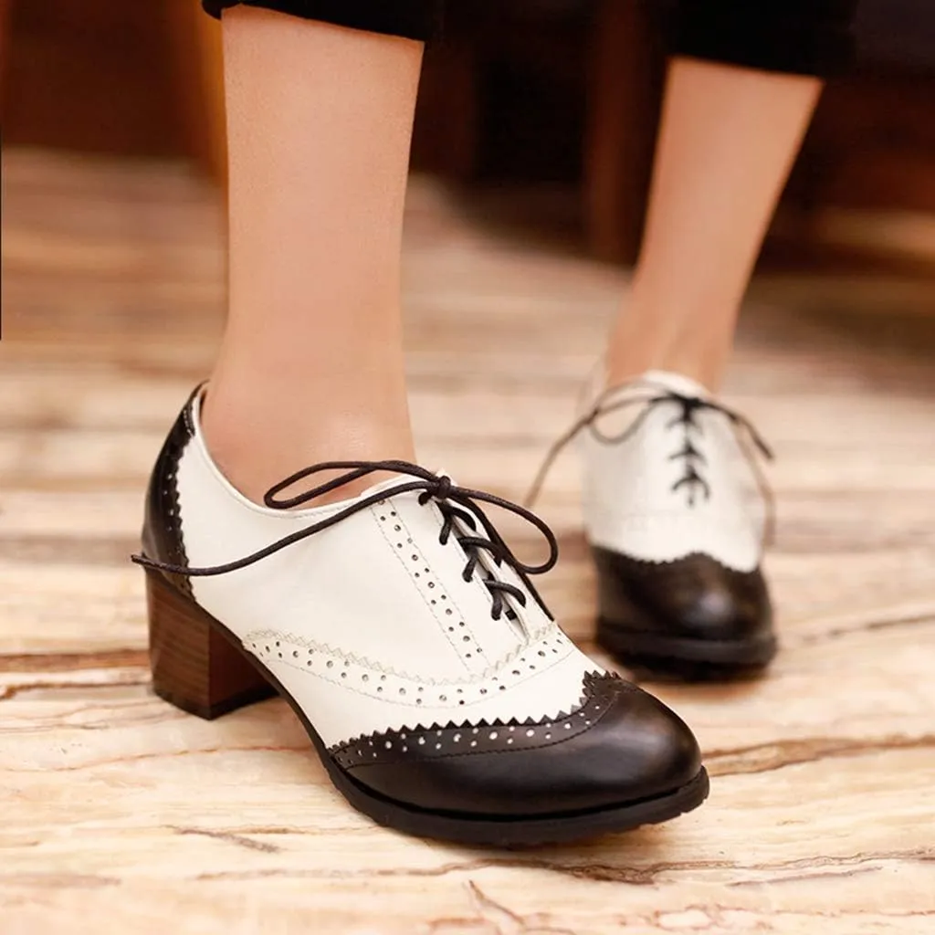 MIOKE Women's Block Mid Heel Wingtip Oxfords Pumps Two Tone Perforated Lace Up Vintage Brogues Dress Shoes